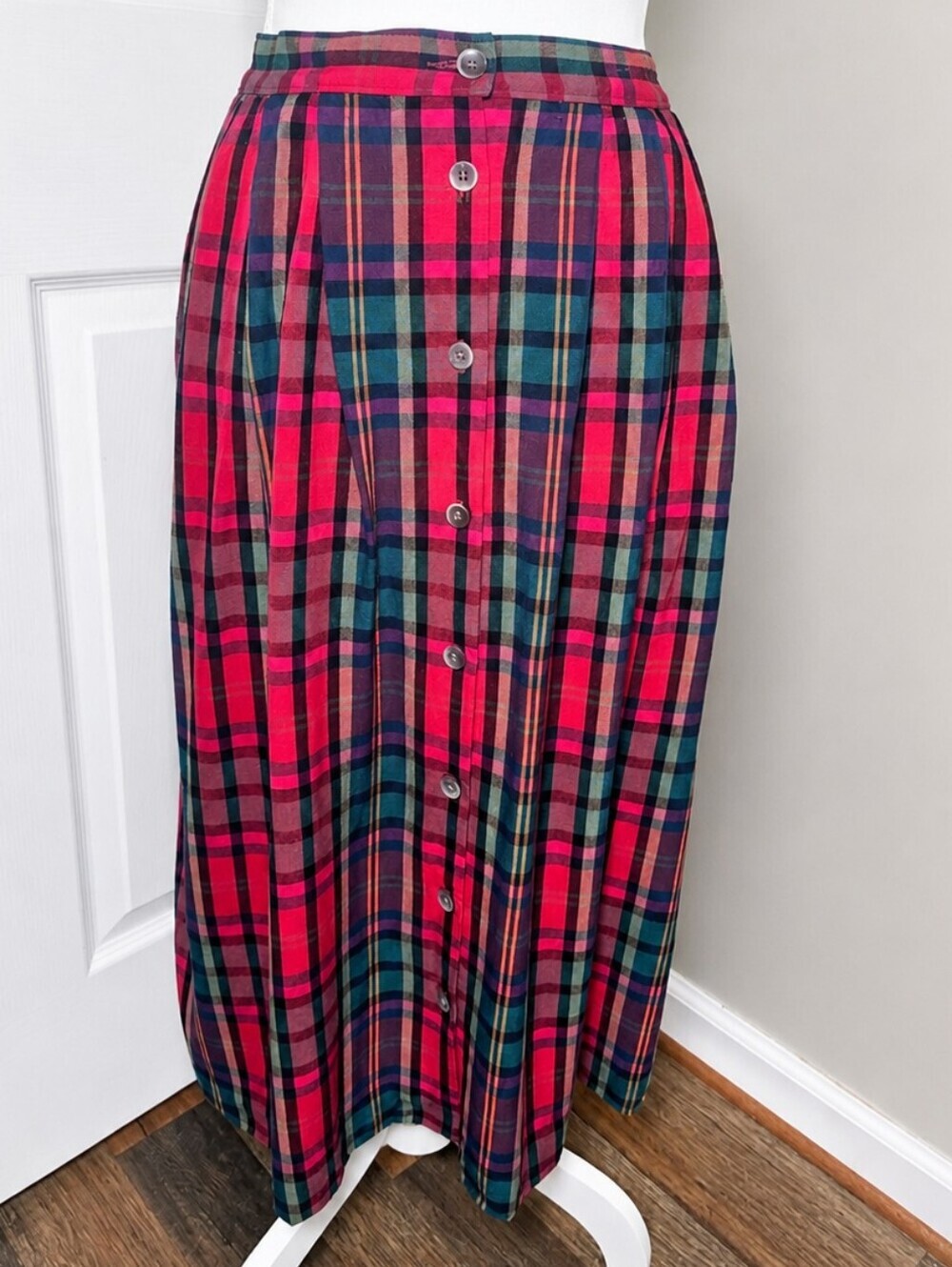 VTG 90s Pendleton Classic Tartan Plaid Multicolor Button Front Midi Skirt USA 14